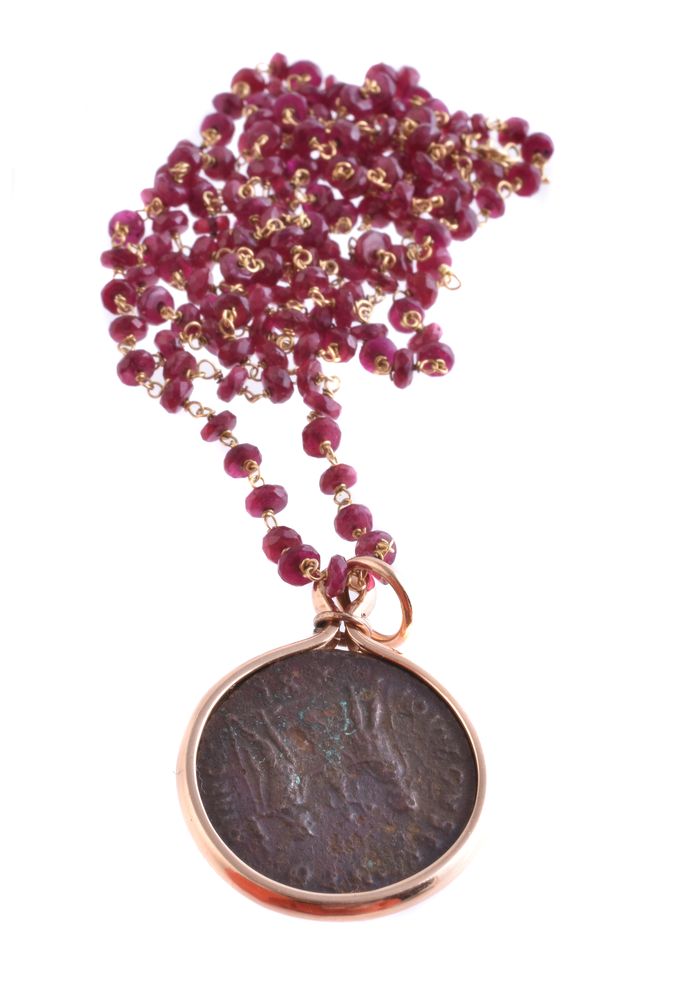 An antique coin pendant on a ruby bead chain - Image 2 of 2