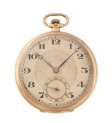 Unsigned, 18 carat gold keyless wind slim open face pocket watch