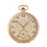 Unsigned, 18 carat gold keyless wind slim open face pocket watch