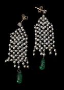 A pair of diamond, pearl and emerald ear pendants