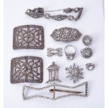 A collection of antique and period paste set jewellery including a pair of shoe buckles