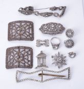 A collection of antique and period paste set jewellery including a pair of shoe buckles