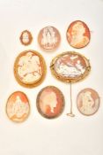 A group of eight 19th century oval shell cameo brooches and a plaque