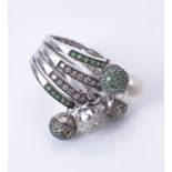 A tsavorite garnet, diamond, brown diamond and cultured pearl ring