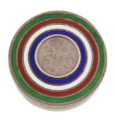 An Edwardian silver parcel gilt and enamel circular box by King & Sons