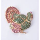 A ruby and emerald turkey brooch