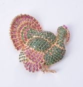 A ruby and emerald turkey brooch