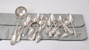 A matched silver fiddle and thread pattern table service for six