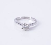 A synthetic moissanite single stone ring