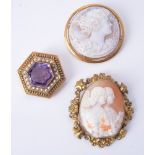 An hexagonal amethyst and half pearl brooch