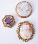 An hexagonal amethyst and half pearl brooch