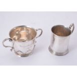 A Victorian silver christening mug and a twin handled porringer