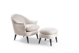 A beige upholstered armchair