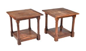 A pair of modern hardwood two tier hardwood side tables