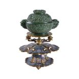 A Chinese spinach jade censer with cloisonne stand