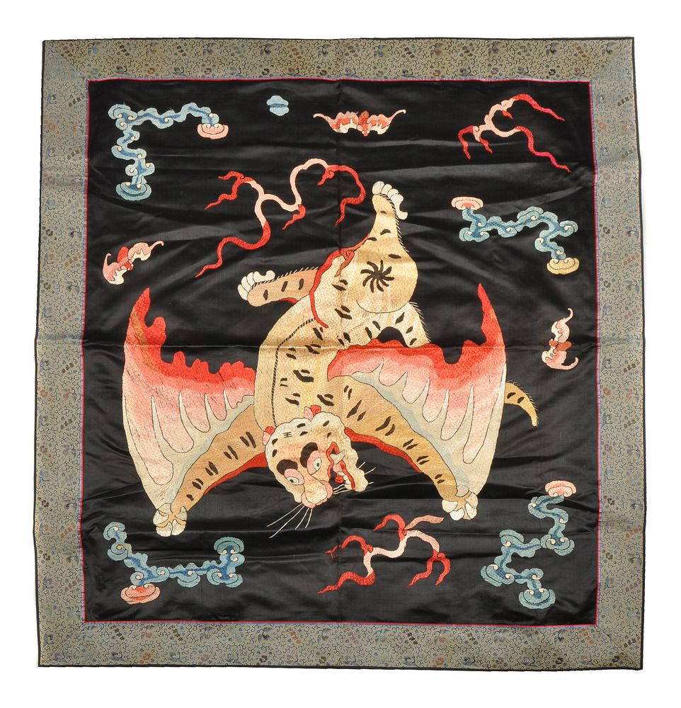A Chinese silk embroidered 'flying tiger' banner