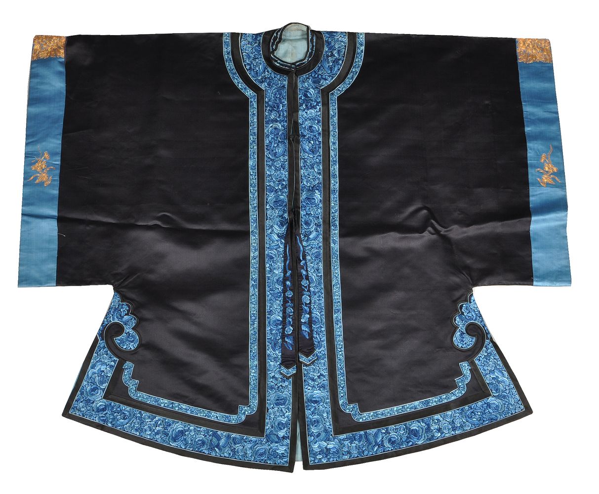 A fine midnight blue satin silk lady's front opening robe