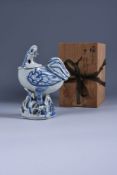 An unusual Chinese blue and white 'Cockerel' censer and cover