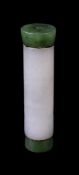 A Chinese inscribed white and spinach jade cylindrical pendant