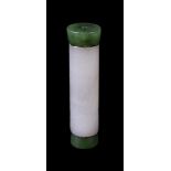 A Chinese inscribed white and spinach jade cylindrical pendant