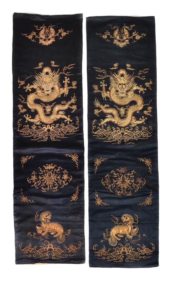 A pair of Chinese dark blue satin silk chair back covers