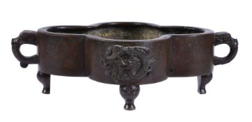 A Chinese quatrefoil bronze censer