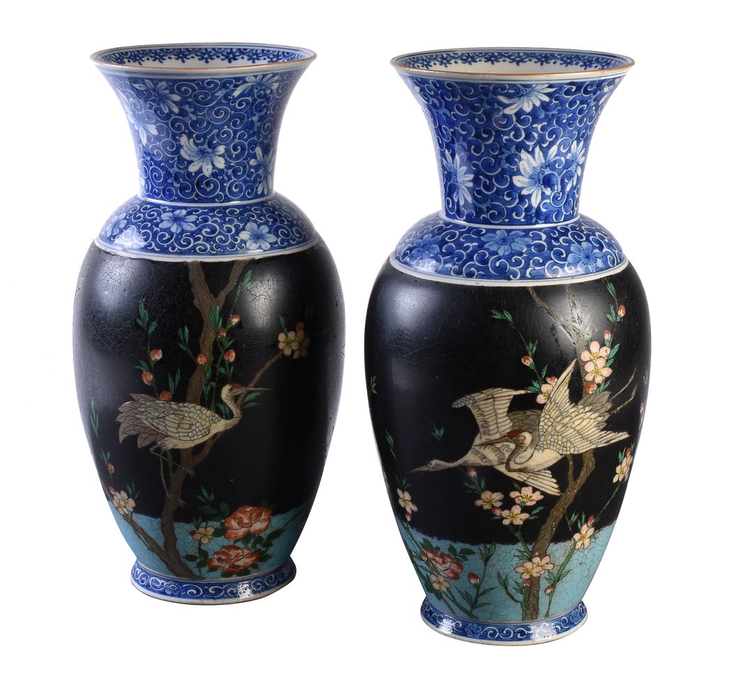 A Pair of Japanese Totai Enamelled Porcelain Vases in the style of Chubei