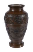 Miyabe Atsuyoshi: A Japanese Inlaid Bronze Vase of ovoid form on a stepped