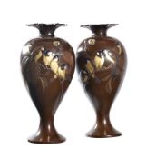 Mitsuaki: A Pair of Japanese Bronze Vases each of inverted baluster form on a splayed foot and risin