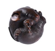 Masanao of Yamada: A Good Boxwood Netsuke of a coiled rat in typical compact form