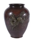 Hidemitsu: A Japanese Bronze Vase of ovoid form on a splayed foot and with a broad mouth and everted