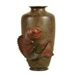 A Japanese Bronze Vase of tapered cylindrical form on a splayed foot and rising to a narrow neck wit