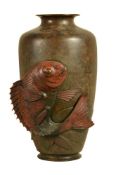 A Japanese Bronze Vase of tapered cylindrical form on a splayed foot and rising to a narrow neck wit