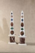 A pair of sample marble and hardstone inset white marble obelisks in Grand Tour style