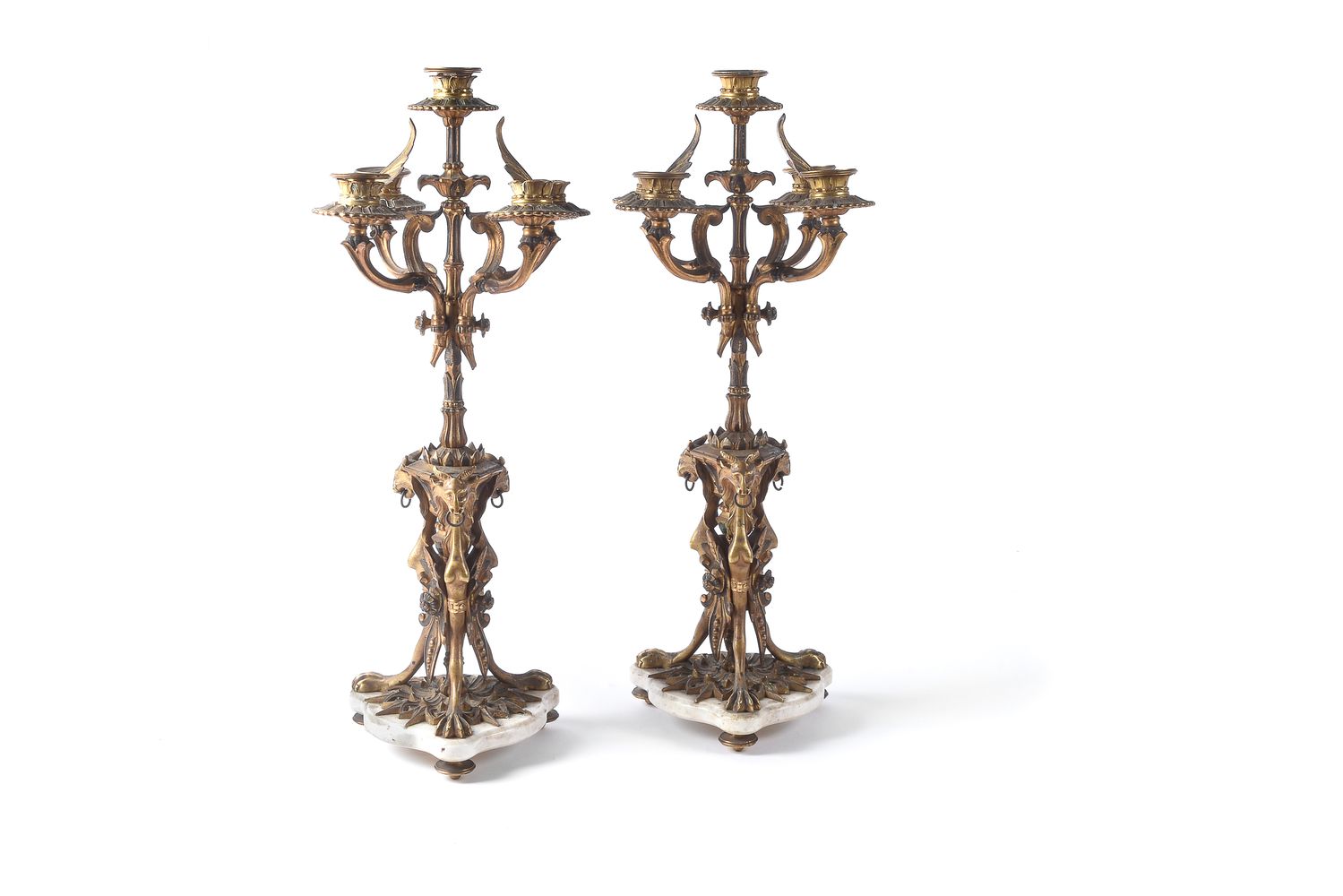 A pair of French gilt bronze and white marble mounted five light candelabra, last quarter 19th centu