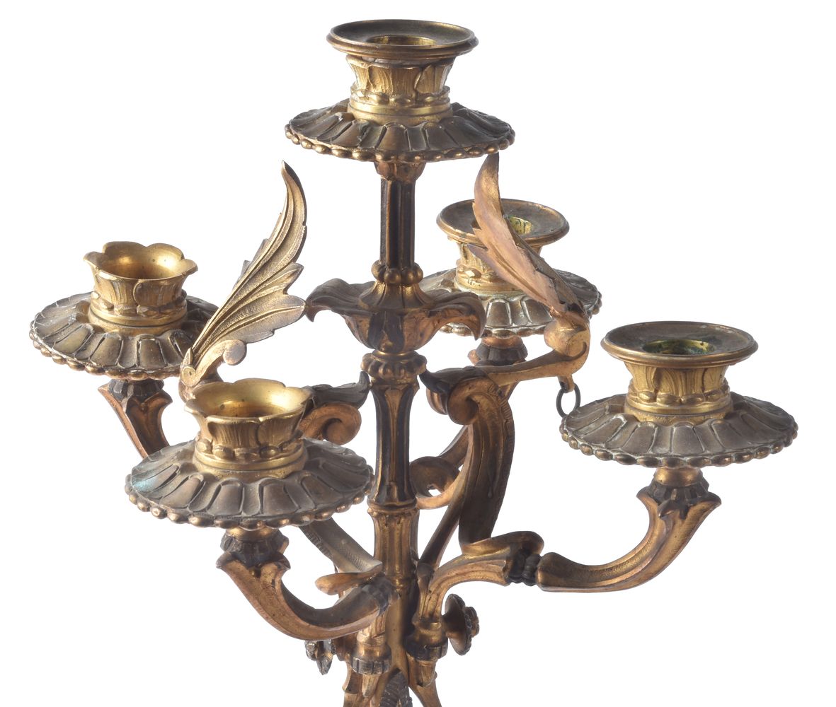 A pair of French gilt bronze and white marble mounted five light candelabra, last quarter 19th centu - Image 5 of 5