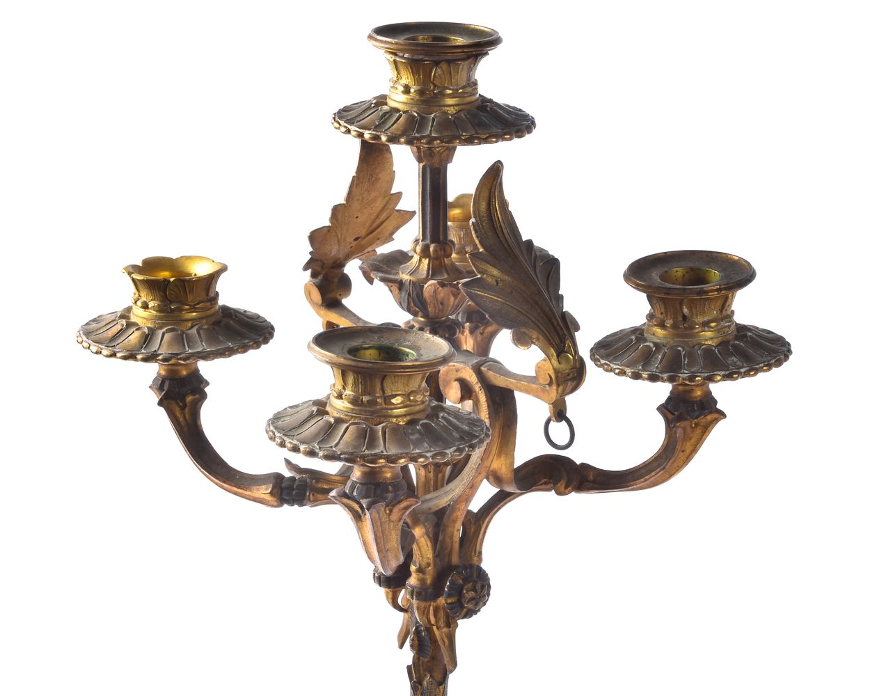 A pair of French gilt bronze and white marble mounted five light candelabra, last quarter 19th centu - Image 4 of 5