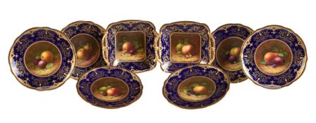 A Coalport blue-ground and gilt part dessert service painted with autumnal fallen fruit and signed b