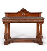 A Victorian walnut and marble topped serving table, circa 1850