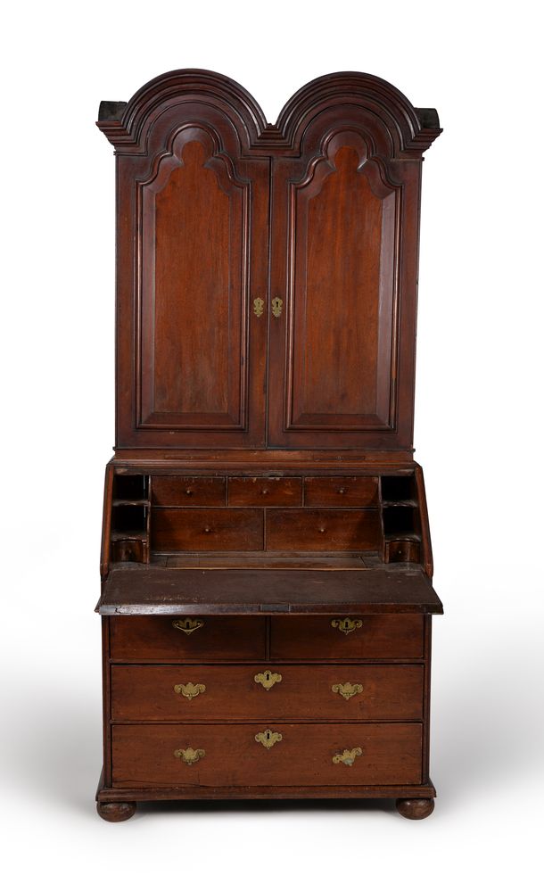 A Queen Anne 'red' walnut double dome bureau bookcase, circa 1710 - Image 2 of 6