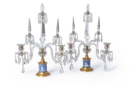 A pair of cut glass, blue jasper and gilt metal mounted twin light candelabra in the manner of Parke