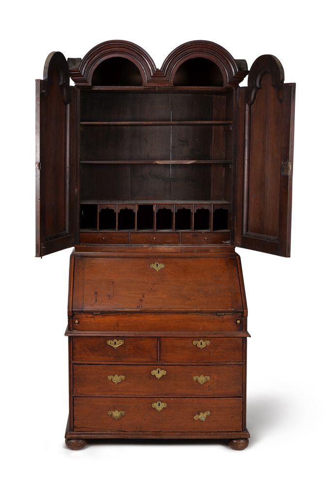 A Queen Anne 'red' walnut double dome bureau bookcase, circa 1710 - Image 3 of 6