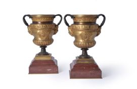 A pair of Continental gilt and patinated bronze and marble mounted urns, last quarter 19th century