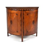 A George III chestnut, burr yew and laburnum semi elliptical side cabinet, circa 1800