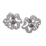 A pair of Tahitian cultured pearl and diamond flower head ear clips