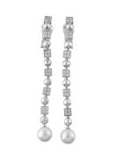 A pair of 'Lucea' diamond and cultured pearl ear pendants by Bulgari