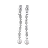 A pair of 'Lucea' diamond and cultured pearl ear pendants by Bulgari