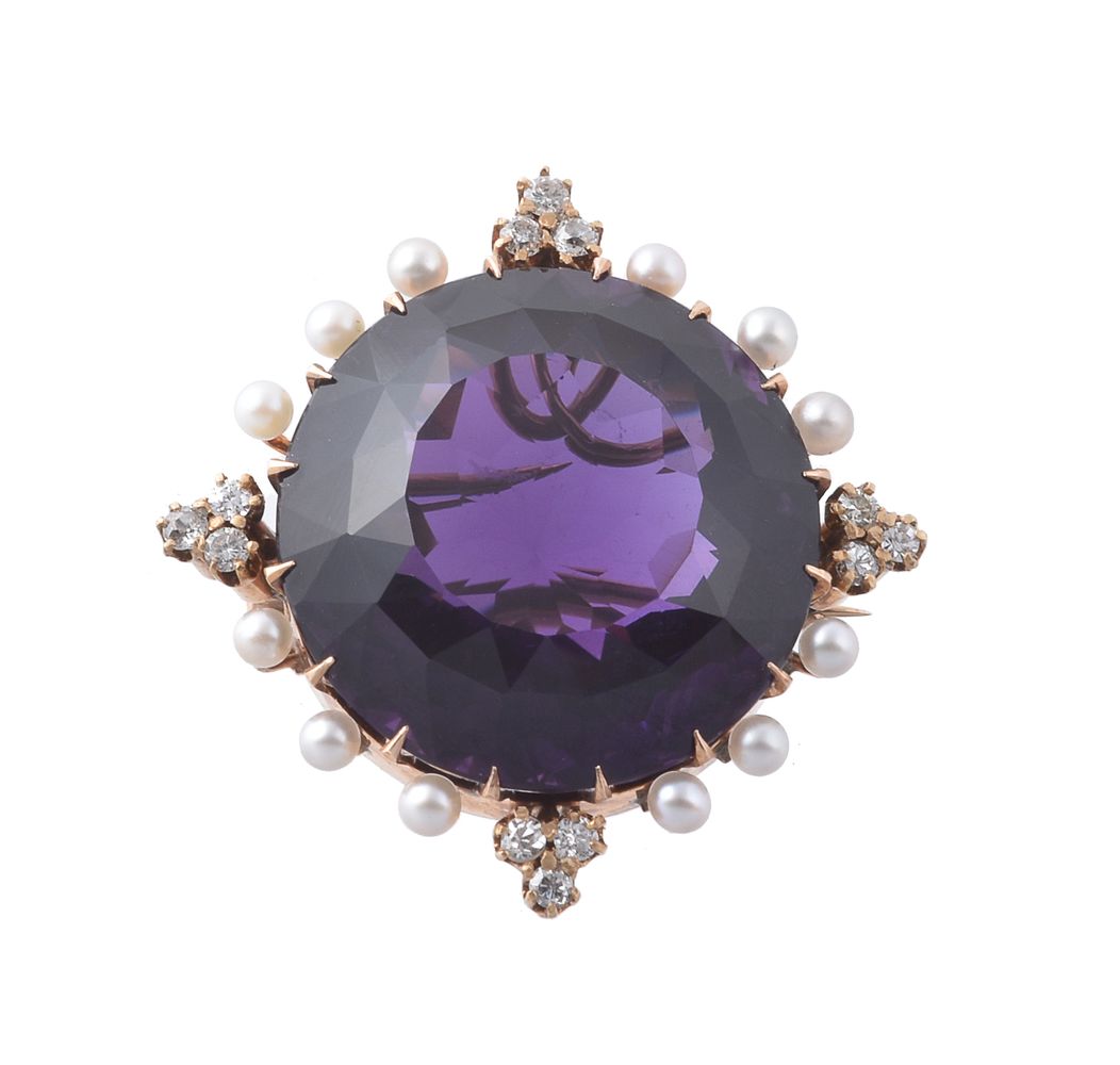 An amethyst, diamond and cultured pearl brooch
