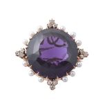 An amethyst, diamond and cultured pearl brooch