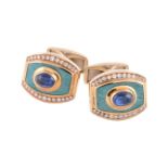 A pair of 18 carat gold, enamel, sapphire and diamond cufflinks by Leo De Vroomen for Amr Shaker